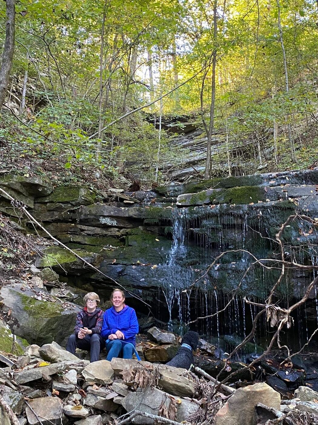 A family and their dog relaxing beside a small waterfall on a wooded trail