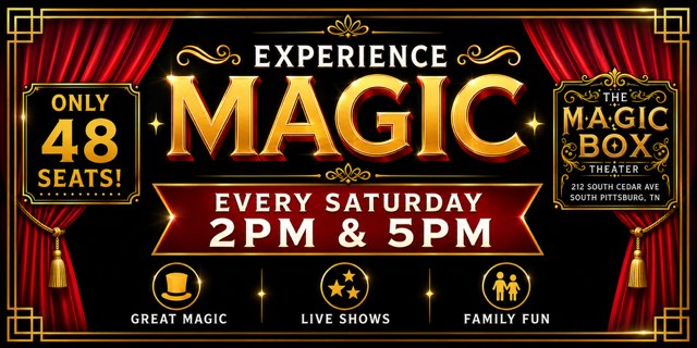 The Magic Box Theater banner: Experience Magic every Saturday at 2 PM and 5 PM in South Pittsburg, TN