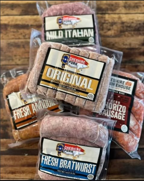 Cheshire Pork sausage varieties: fresh bratwurst, mild Italian, original breakfast sausage, andouille, and chorizo