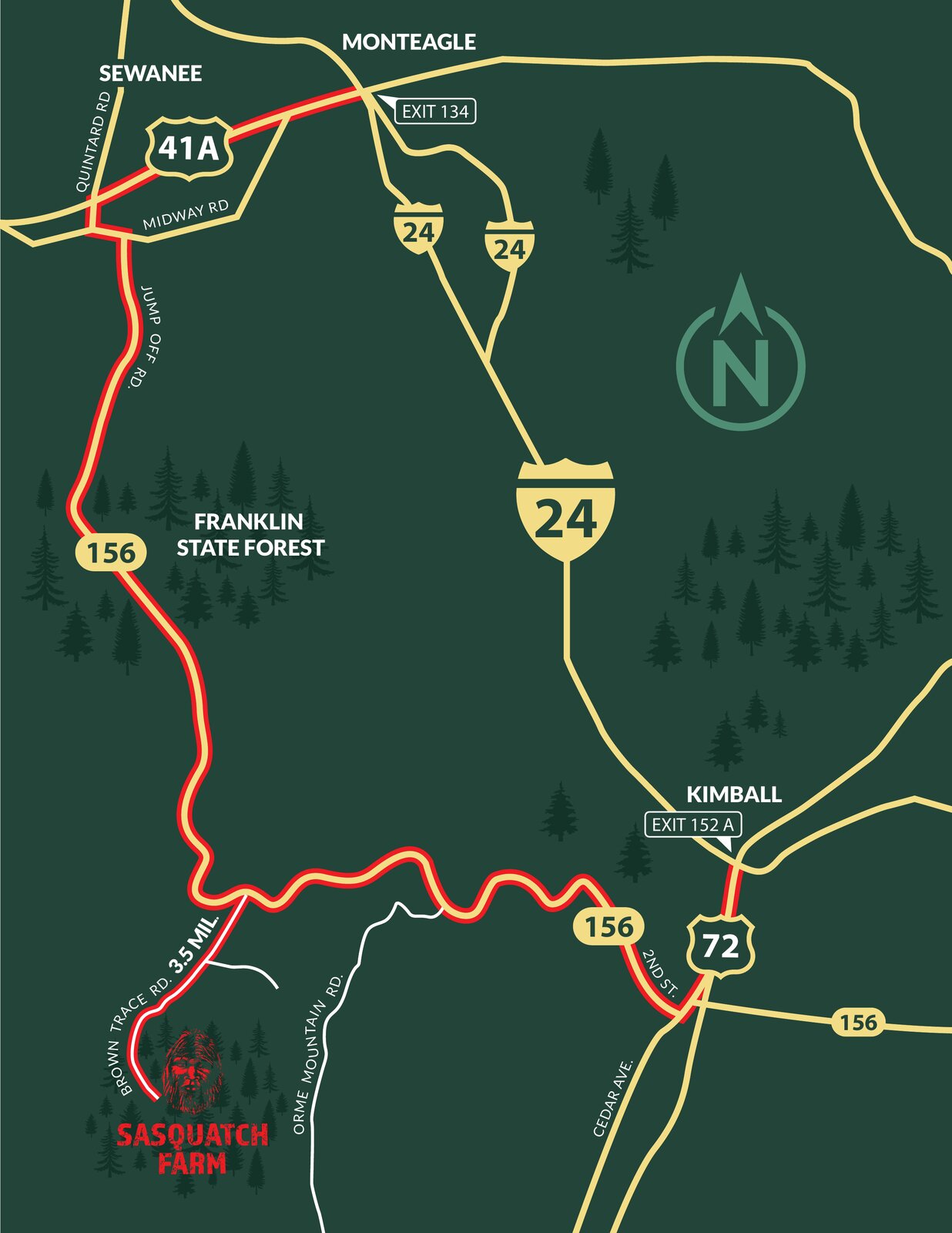 Road map showing the route from I-24 to Sasquatch Farm RV Park in South Pittsburg, TN
